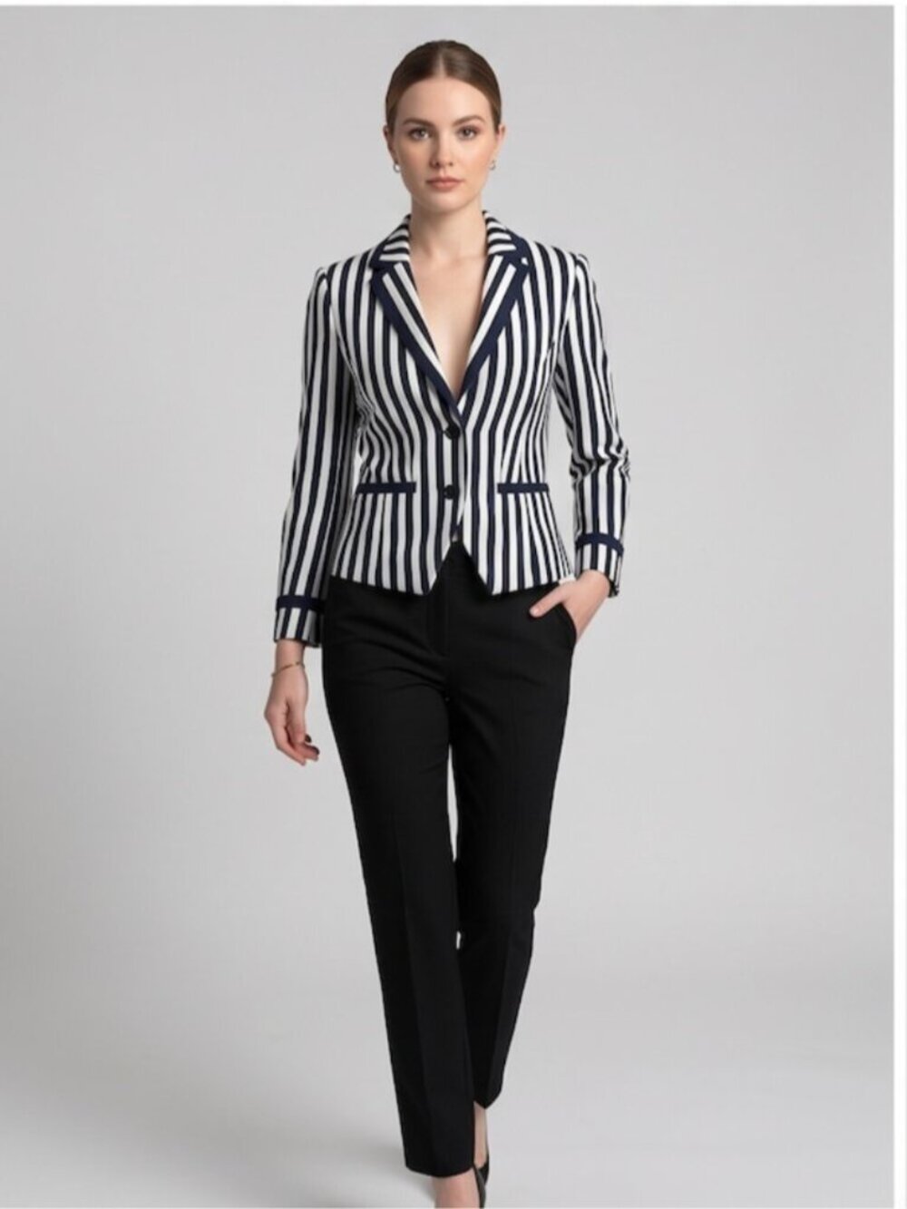 H&M Vertical Striped Blazer Blue And White - Picture 1 of 8